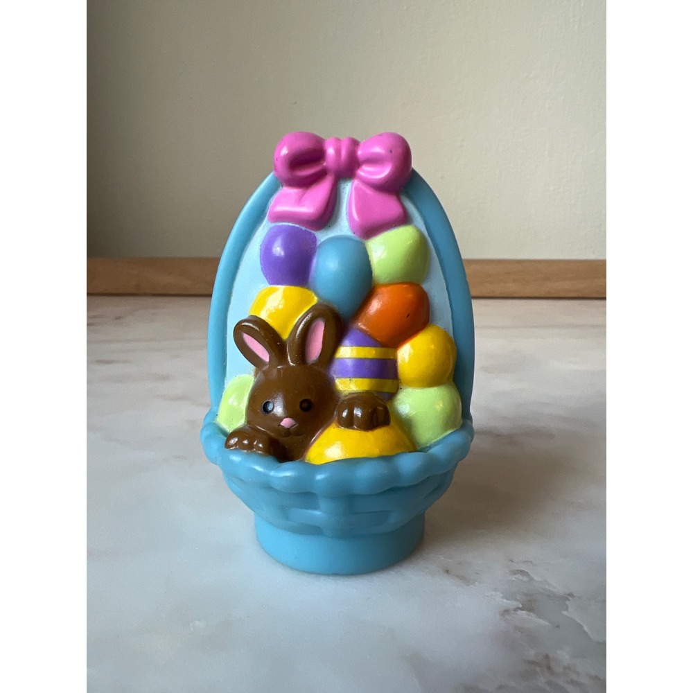 Little People Blue Easter Basket Brown Bunny Pink Bow Colored Easter Eggs HTF